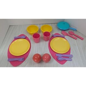 LIttle Tikes Play Kitchen Dishes placemats vintage pink yellow purple Utensils